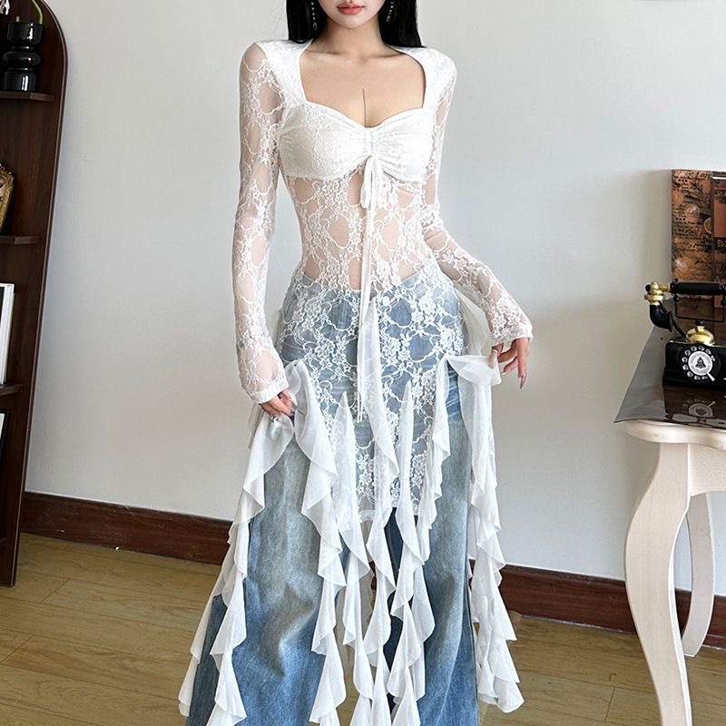 순수한 욕망 핫걸 시스루 레이스 Chic 리본 패치워크 광장 칼라 긴팔 티셔츠 여성 슬림해 보이는 휴가 바람 섹시함 맨위