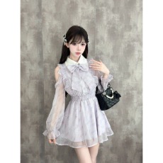 批发[时生夏末]日系甜美少女千金温柔风收腰露肩长袖<b class='q'>紫色</b>印花连衣短裙