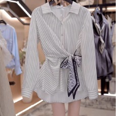批发韩版气质条纹翻领长袖<b class='q'>衬衫</b>女2026春秋新款时尚<b class='q'>蝴蝶结</b>绑带收腰上衣