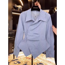 批发2026春夏新款高级感<b class='q'>不规则</b>褶皱长袖衬衫女法式条纹收腰上衣潮