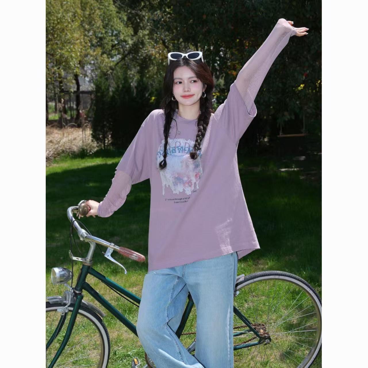 순면 보라색 반팔 티셔츠 여성 의류 여름 새로운 페이크 레이어드 패치워크 망사 자외선 차단 소매 폭발 맨위 ins 트렌디