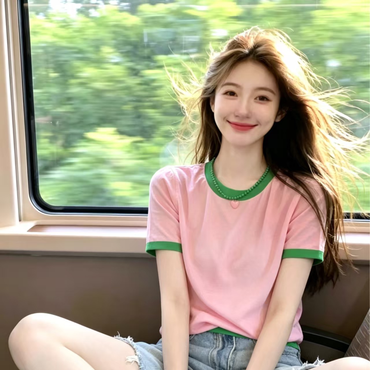 다용도 라운드 넥 긍정적 인 어깨 반팔 티셔츠 여성 여름 새로운 슬림해 보이는 인사이드 가져 가라. 달콤함 맨위