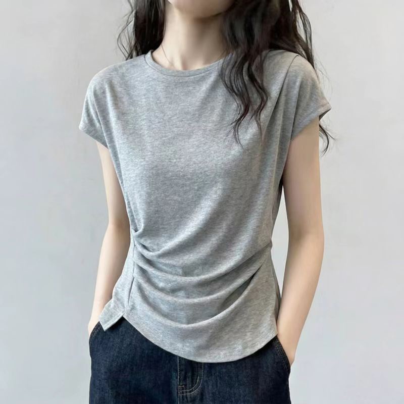 Feifei 소매 티셔츠 여성 여름 2026 년 새로운 주름 허리 수축 맨위