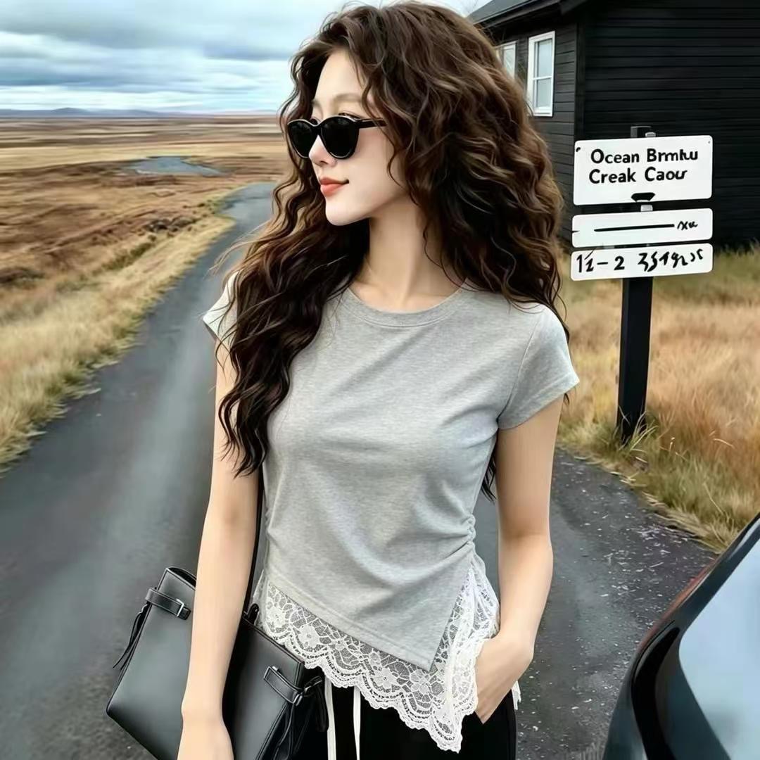 불규칙 밑단 레이스 조각 반팔 티셔츠 여성 여름 새로운 디자인 센스 고유 한 아름다운 아름다운 맨위 트렌디