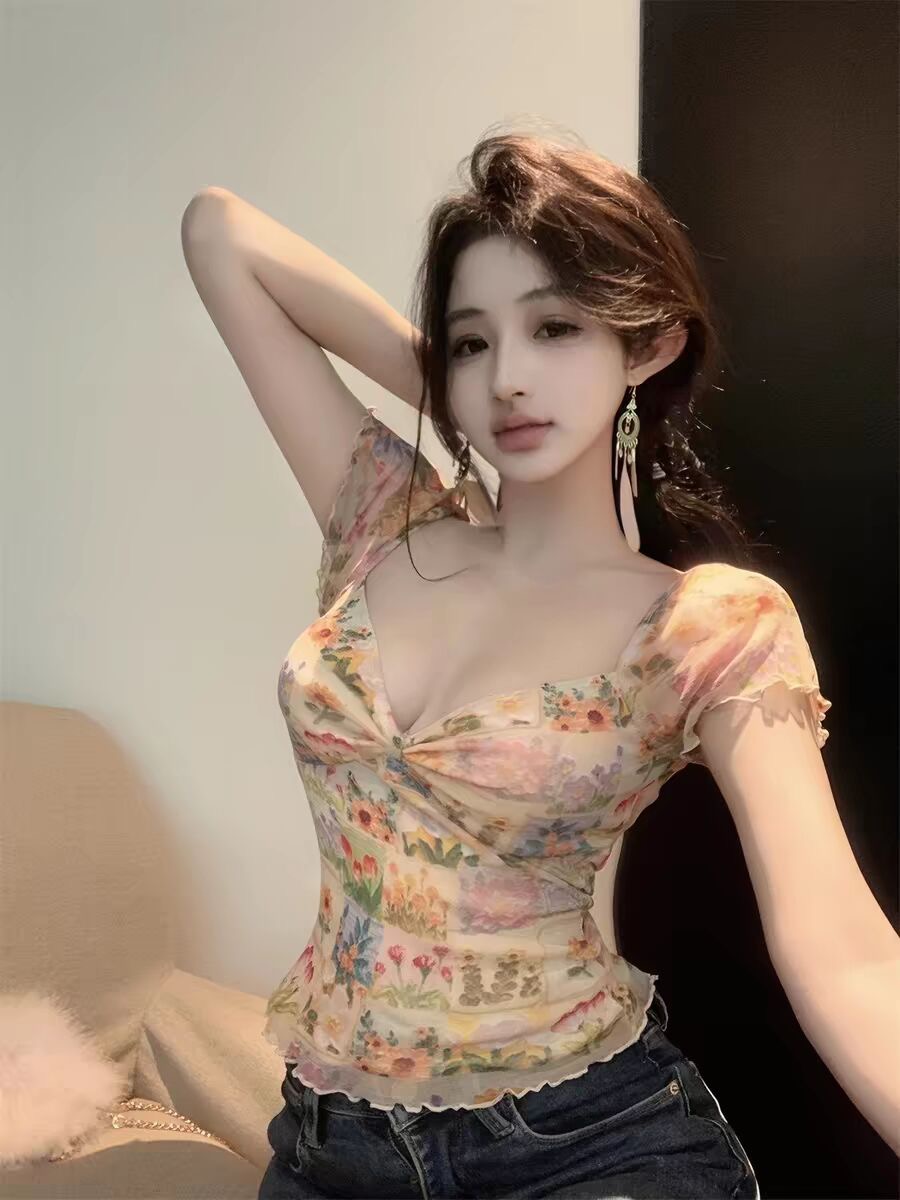 원본 망사 원단 레트로 여름 새로운 핫걸 섹시함 작은 대중 몸매 가꾸기 슬림해 보이는 맨위