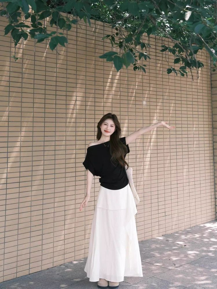 순면 프랑스식 디자인 센스 순수한 욕망 오프숄더 반팔 티셔츠 여성 여름 몸매 가꾸기 슬림해 보이는 품격 다용도 맨위