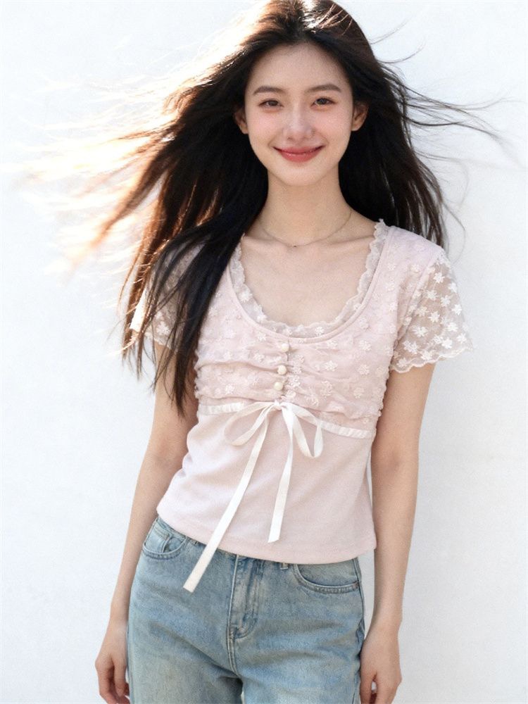 부드러운 핑크색 레이스 조각 티셔츠 여성 여름 디자인 펌프 Pleat 레이스업 허리 수축 슬림해 보이는 달콤한 자매 맨위