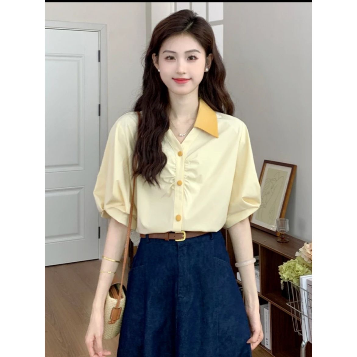 항구 바람 레트로 반팔 여성 셔츠 작은 샤넬 스타일 루즈핏 Chic 품격 폴로 칼라 맨위