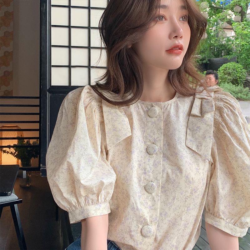 여름 새로운 달콤함 거품 소매 슬림해 보이는 프랑스식 낭만주의 쉬폰 톱