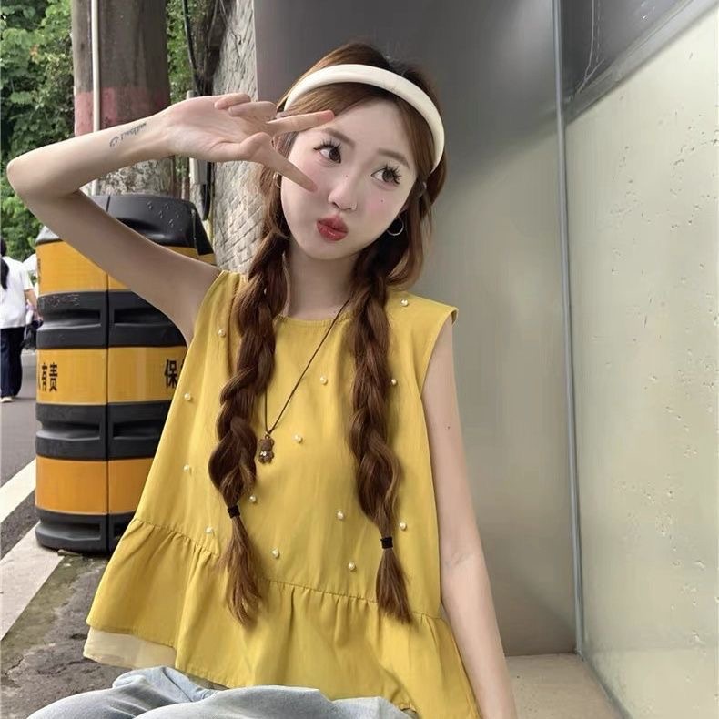 2025 여름 새로운 한 부서 슬림해 보이는 패션 품격 다용도 무거운 작업 비즈 박기 패치워크 민소매 맨위 조끼 여성