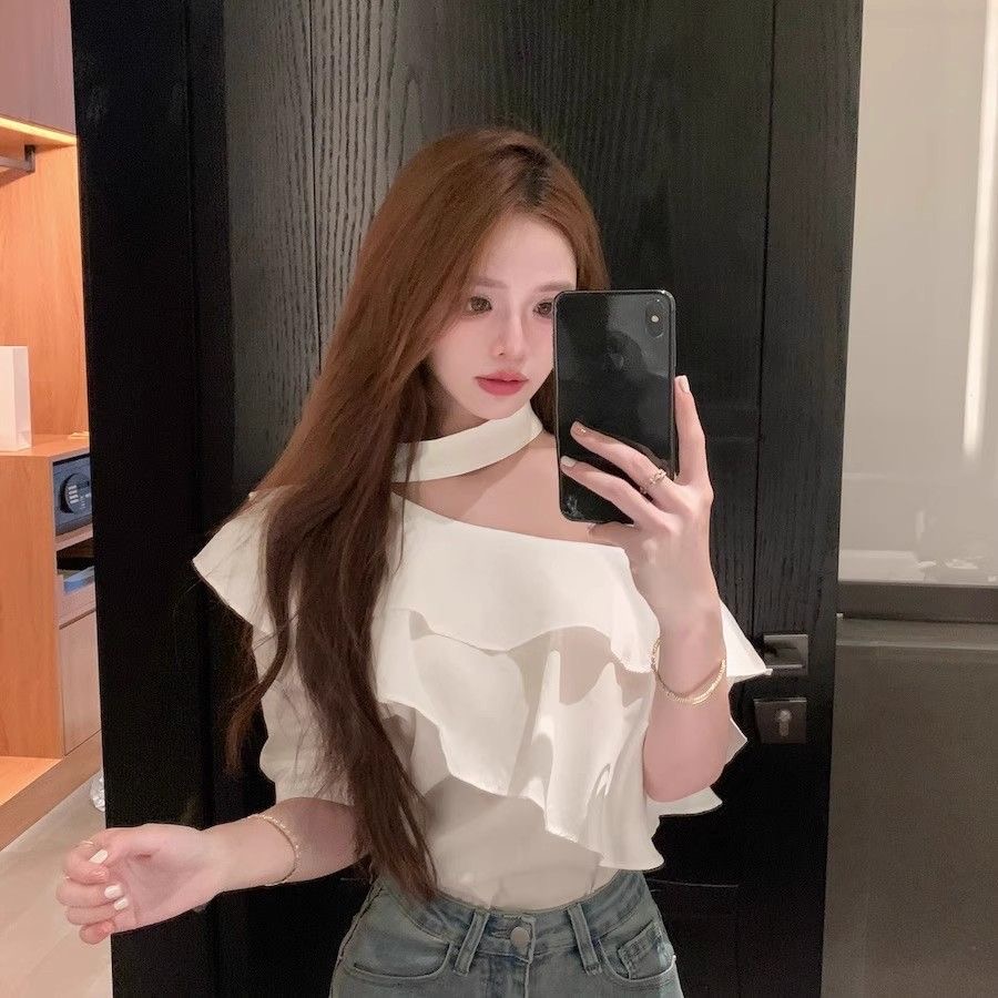 프릴 프랑스식 행침 목 화이트 여성 셔츠 고급 센스 여름 순수한 욕망 바람 섹시함 비스듬한 어깨 외국 가스 반팔 맨위