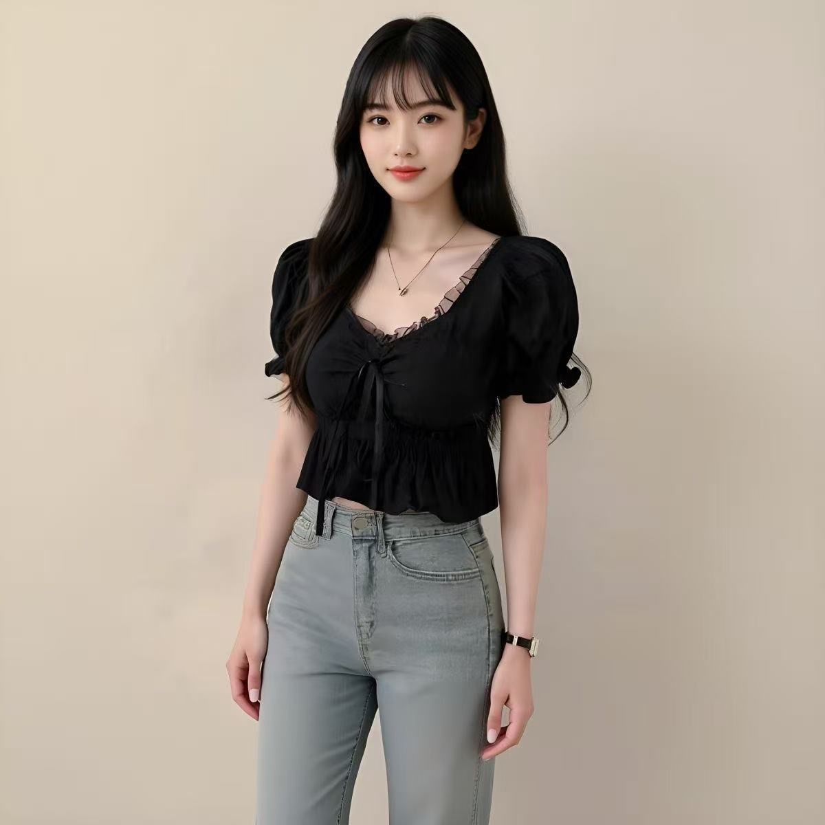 프랑스식 레이스 조각 셔츠 chic 여름 쇼트 스타일 허리 수축 슬림해 보이는 디자인 레이스업 버블 맨위 셔츠