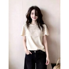 法系蕾丝镂空假两件上衣女白色小众不撞款打底衫时尚2026春季新款