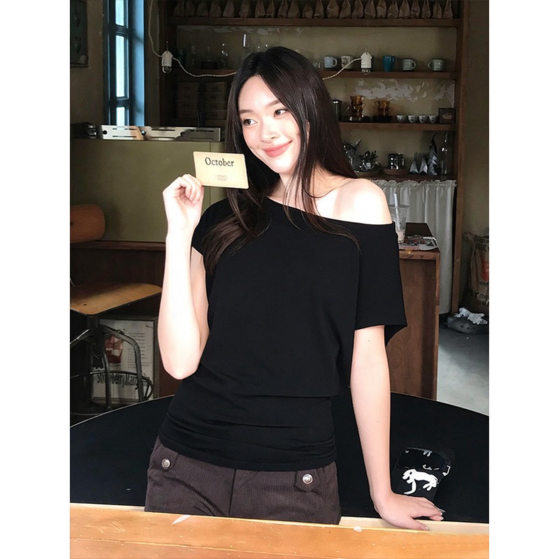 순면 비스듬한 어깨 반팔 티셔츠 여성 여름 다용도 허리 수축 루즈핏 슬림해 보이는 아메리칸 핫걸