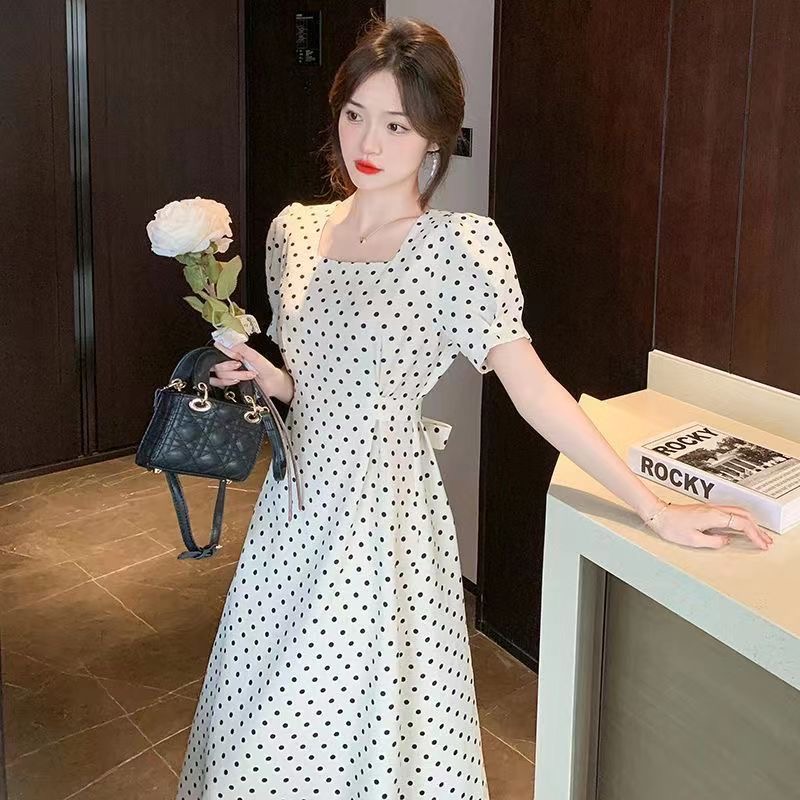 캄파넬라 세과 프랑스식 도트 무늬 드레스 여성용 짧은 소매 2025 여름 새로운 광장 칼라 몸매 가꾸기 슬림해 보이는 중간 길이 A라인 스커트