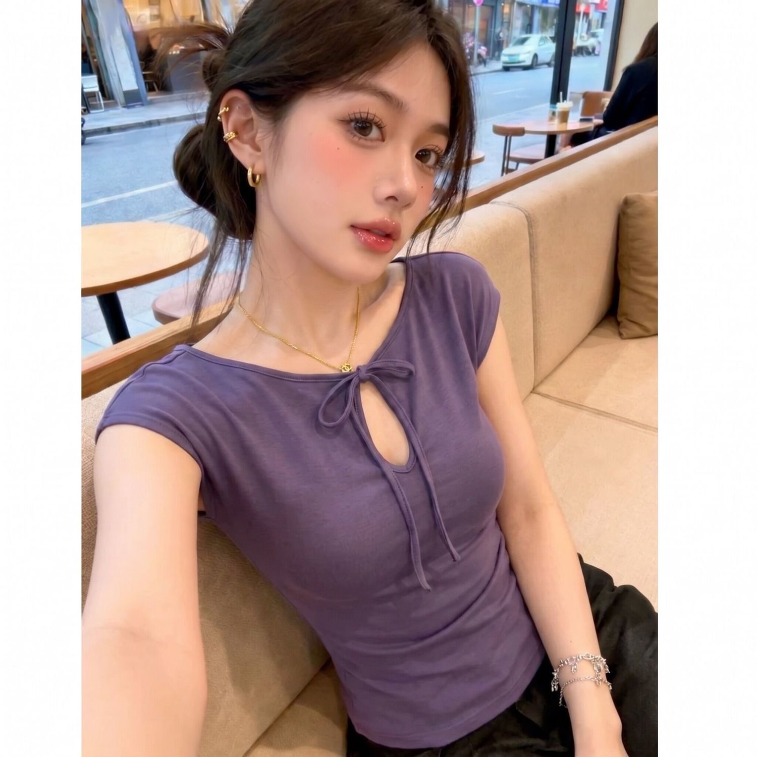프랑스식 순수한 욕망 홀로우 아웃 레이스업 보라색 반팔 티셔츠 여성 여름 새로운 허리 수축 슬림해 보이는 섹시함 다용도 맨위 트렌디