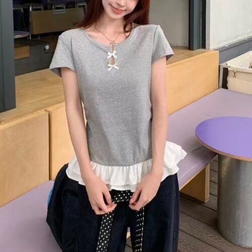 발레 바람 이중층 프릴 레이스 언더 바르게 되다 어깨 반팔 티셔츠 여성 여름 나비 매듭 홀로우 아웃 주름 맨위