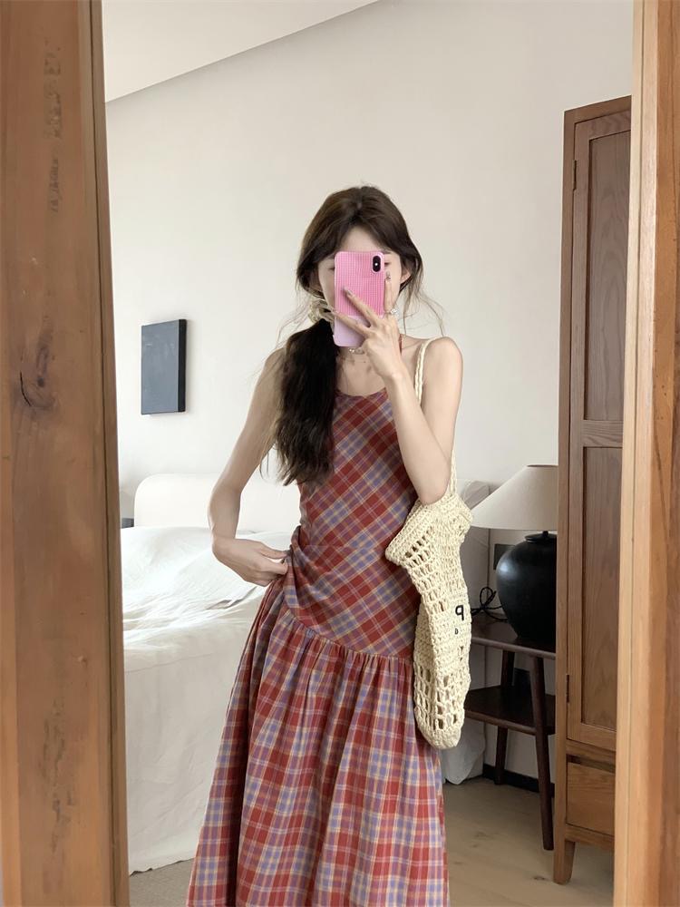 아메리칸 레트로 체크무늬 슬립 여성 드레스 여름 작은 키 작은 대중 품격 몸매 가꾸기 Chic 민소매 길다 치마