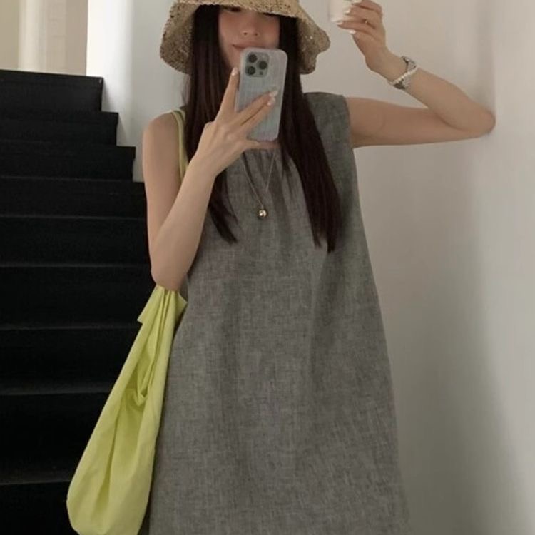 작은 키 측면 단추 조끼 여성 드레스 여름 2025 새로운 루즈핏 표지 배 스택 착용 민소매 미니 스커트