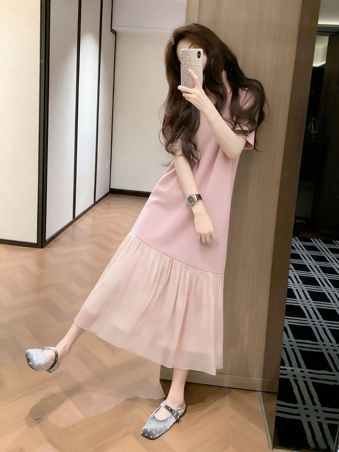 2026 여름 새로운 miu 부서 착용 가져 가라. 프랑스식 품격 달콤함 슈퍼 잘 생긴 아름다운 핑크색 반팔 여성 드레스