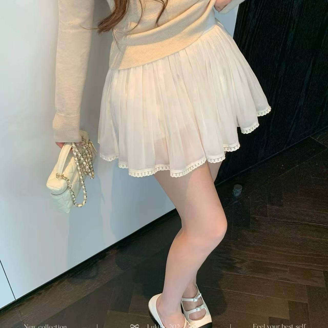 단색 Tulle 레이스 쉬폰 반신 스커트 여성 2026 봄 플리츠 미니 스커트