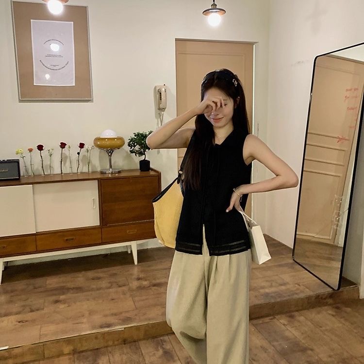 새로운 중식 매듭 레이스업 polo 민소매 셔츠 출퇴근 다용도 루즈핏 슬림해 보이는 셔츠 ins 슬림해 보이는 맨위