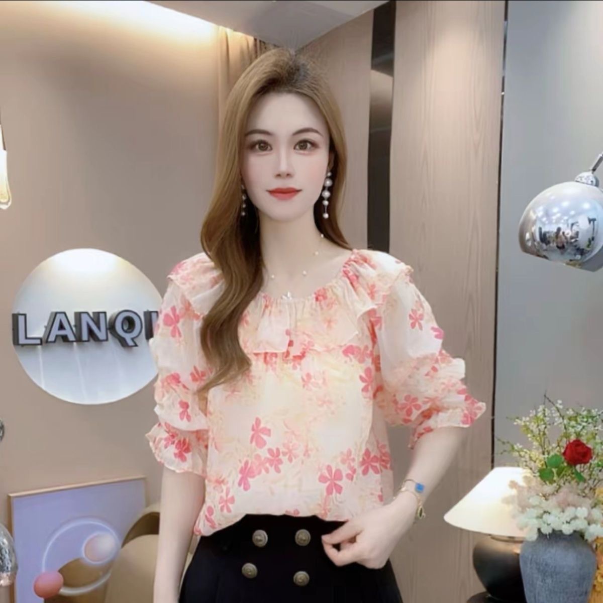 새로운 품격 프랑스식 연꽃 잎 슬림해 보이는 꽃무늬 쉬폰 블라우스 2026 여름 패션 외국 가스 연령 감소 맨위