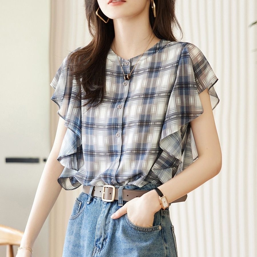 레트로 체크무늬 프릴 패치워크 쉬폰 여성 셔츠 여름 새로운 디자인 센스 작은 대중 단추 캐주얼 Chic 맨위