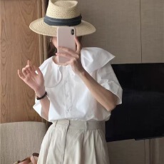 批发韩国chic夏季法式气质娃娃领压褶设计宽松百搭单排扣休闲短袖衬衫