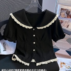 批发黑色娃娃领短袖衬衫女夏2025夏季新款<b class='q'>蕾丝</b>边拼接泡泡袖衬衣短上衣