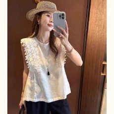 批发新中式国风提花抽绳<b class='q'>蕾丝</b>花边拼接无袖格子背心女外穿夏<b class='q'>娃娃衫</b>上衣