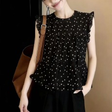 批发韩系波点圆领雪纺<b class='q'>衬衫</b>女2026夏季新款减龄遮肚显瘦木耳边无袖上衣