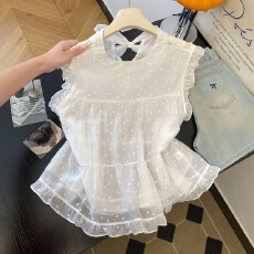 批发韩系波点圆领雪纺<b class='q'>衬衫</b>女2026夏季新款减龄遮肚显瘦木耳边无袖上衣