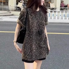 批发复古豹纹圆领短袖女t恤裙<b class='q'>纯棉</b>外穿夏短裙宽松显瘦中长款半袖<b class='q'>睡裙</b>