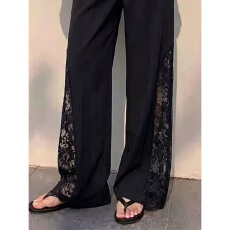 批发设计感黑色蕾丝拼接阔腿裤女时髦减龄洋气<b class='q'>高腰</b>百搭修身休闲喇叭裤