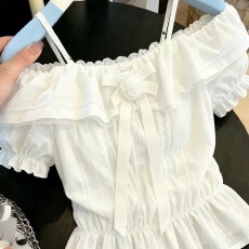 批发法式甜美风荷叶边一字肩<b class='q'>衬衫女</b>2026年夏季新款<b class='q'>白色</b>蝴蝶结露肩上衣