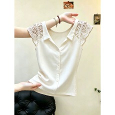 批发<b class='q'>甜美</b>风白色蕾丝拼接小飞袖衬衫女夏季单排扣修身显瘦减龄洋气上衣