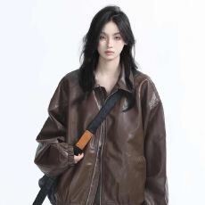 批发美式街头复古<b class='q'>机车</b>服黑色<b class='q'>皮衣</b>外套女春秋重磅宽松夹克上衣