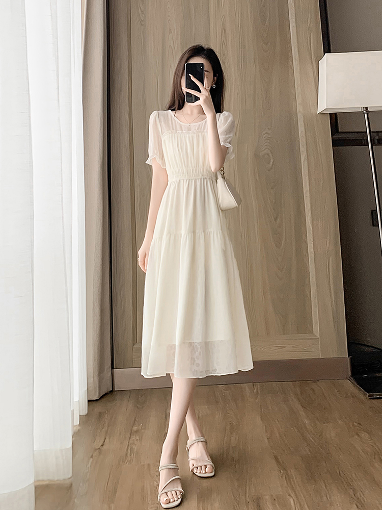 RY2315# 小个子杏色雪纺连衣裙女2025新款夏季气质圆领收腰遮肚子a字裙子