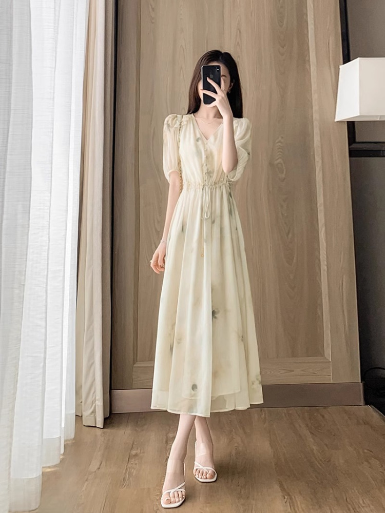 RY4894# 超仙高级感碎花雪纺连衣裙女夏2026新款收腰显瘦气质遮肚a...