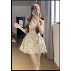 批发小小仟 玫瑰油画衬衫领<b class='q'>无袖</b><b class='q'>连衣裙</b>春夏千金风蓬蓬修身收腰背心裙