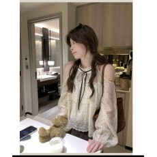 批发早纪春奈露肩蝴蝶结<b class='q'>波点</b>宽松<b class='q'>衬衫</b>上衣