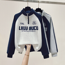 批发思洛伊实拍2026早春新款百搭显瘦设计感拉链立领插肩袖拼色卫衣