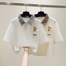 批发思洛伊<b class='q'>实拍</b>2026校园风拼色格子polo领短袖小熊刺绣T恤显瘦上衣