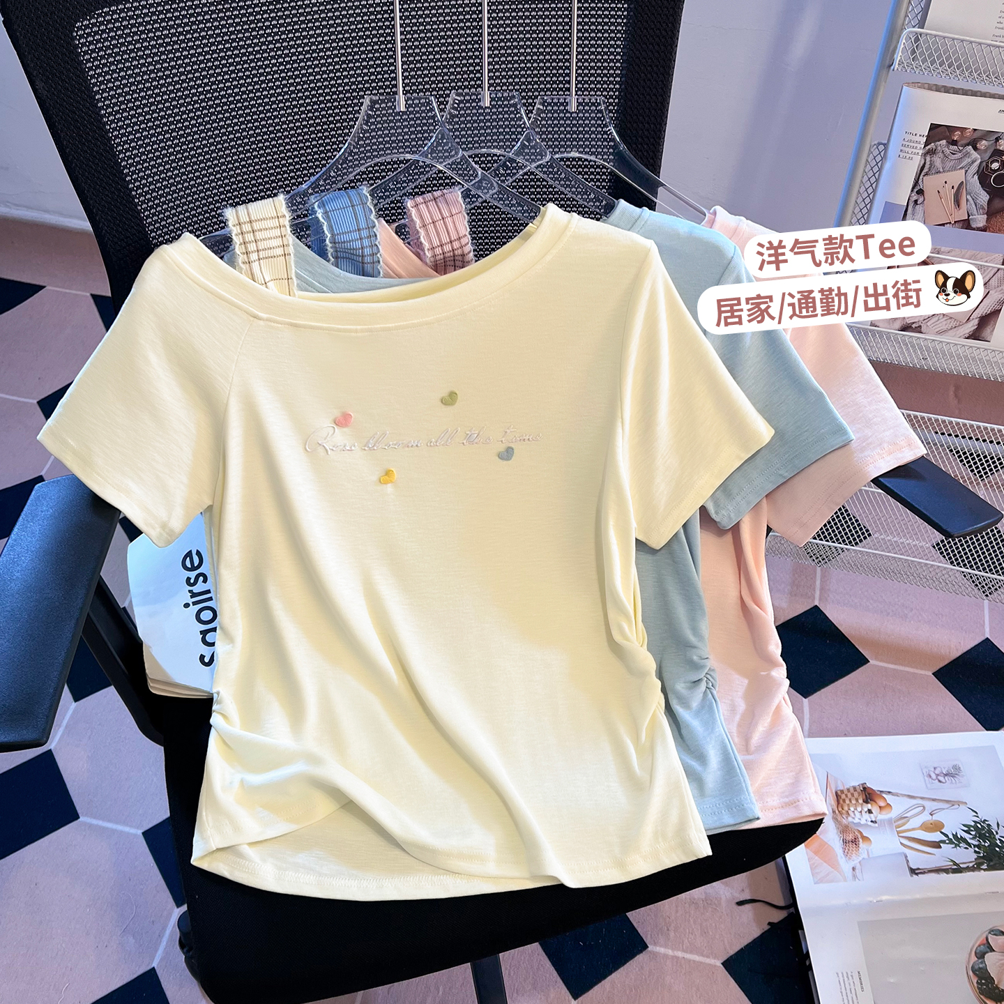 생각하기 Loy 실사 2026 새로운 달콤한 차가운 바람 비스듬한 어깨 다림질 플라워 반팔 티셔츠 체크무늬 어깨끈 인터넷 유명인 슬림해 보이는 맨위