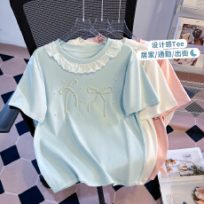 批发思洛伊实拍2026温柔风花边圆领定位蝴蝶结钉珠款百搭宽松短袖T恤
