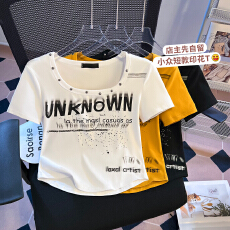 批发思洛伊实拍纯棉短袖女2026年夏季美式小U领印花T恤<b class='q'>上衣</b>