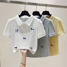 批发思洛伊实拍夏季新款polo领童趣刺绣小狗娃娃领泡泡袖短袖上衣