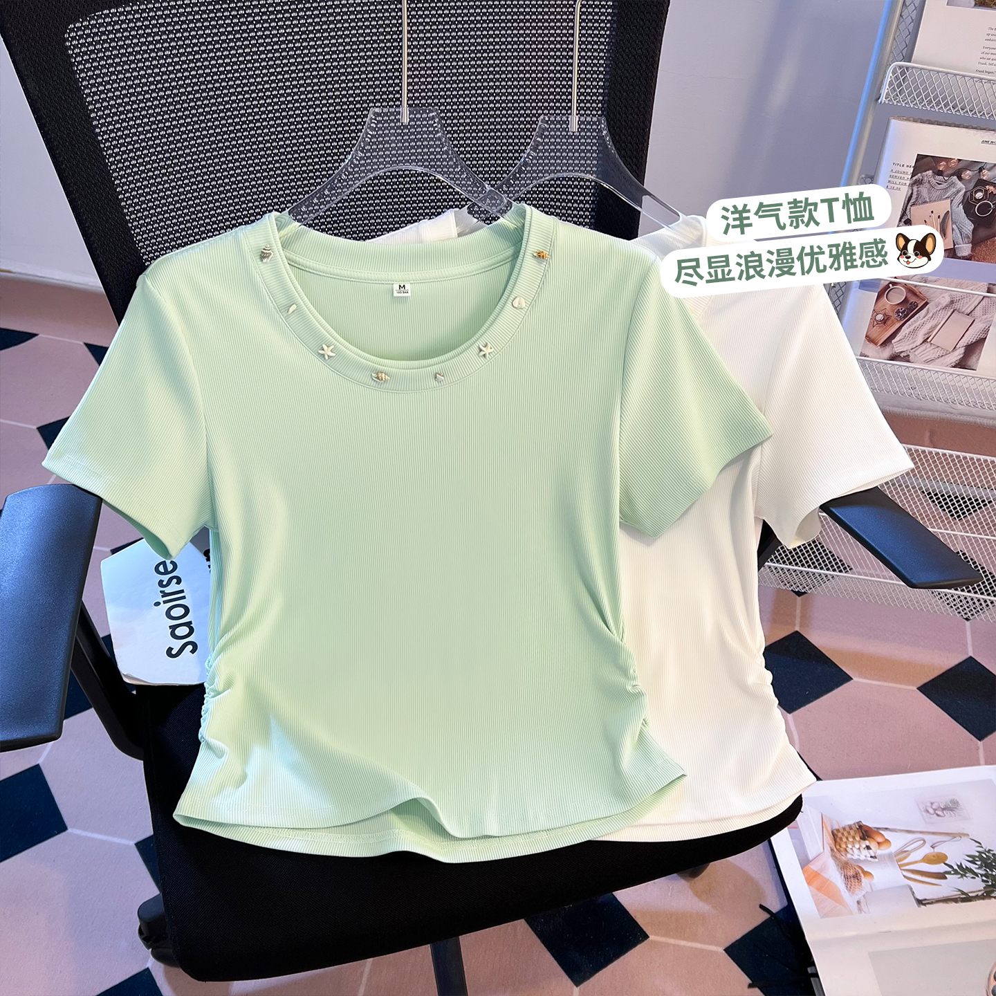 RY3009# 思洛伊实拍夏季2026新款韩版甜美小清新修身显瘦圆领短袖上衣女