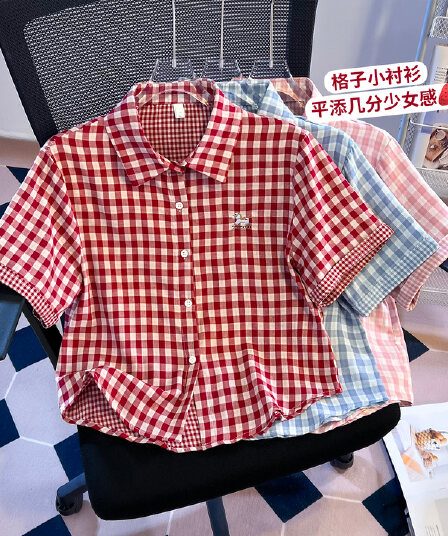 소녀 바람 격자 무늬 셔츠 반팔 여름 새로운 루즈핏 폴로 칼라 자수 셔츠 외국 가스 다용도 반소매 맨위